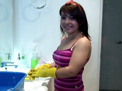 Hosemaid blows a horny man and rides him in the shower