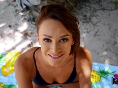 Emma Hix is sucking the big cock on the beach