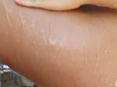 美女, ブロンド, ディルド, オナニー, アウトドア, プール, オッパイの, おもちゃ