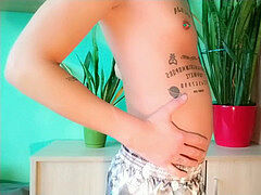 Twink tummy bloated with coca-cola and mentos then wank and cum shot