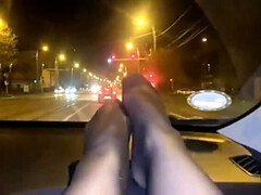 Naughty MILF Wife Gives Taxi Driver a Public Footjob in Car - Stockings & Outdoor Fun