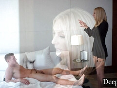 Большой член, Блондинки, Лизание, Белье, Киски, Наездница, Чулки, Втроем