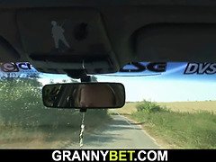 Young dude doggy-fucks 80 years old granny roadside