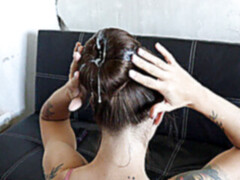 Jizz shot, hair brush, long hair fuck