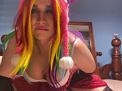 Rainbow sissy slut plays with her tits