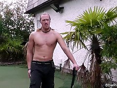 Chubby girl in lingerie seduces garden worker