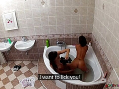 Salle de bains, Doigter, Petite amie, Lesbienne, Léchez, Chatte, Mouillée