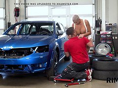 Rim4k. dame with huge tits is licking ass hole in the car repair shop