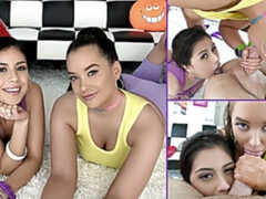 デカパイ, フェラチオ, 口内発射, 女 人男 人, 手コキする, ラティーナ, なめる, 三人