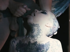 Bald-headed slut with tattoos gets gangbanged and facialized