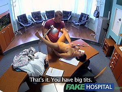 Sexy nurse in uniform bangs patient hard after catching him masturbating in the waiting room