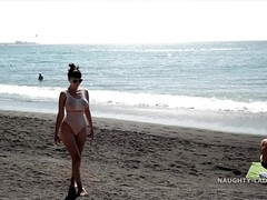 Naughty Russian MILF in Spain at the beach in see thru swimsuit - After beach - Public