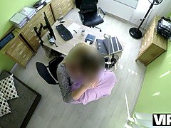 Young teen with petite frame takes a hard cock in the office for cash